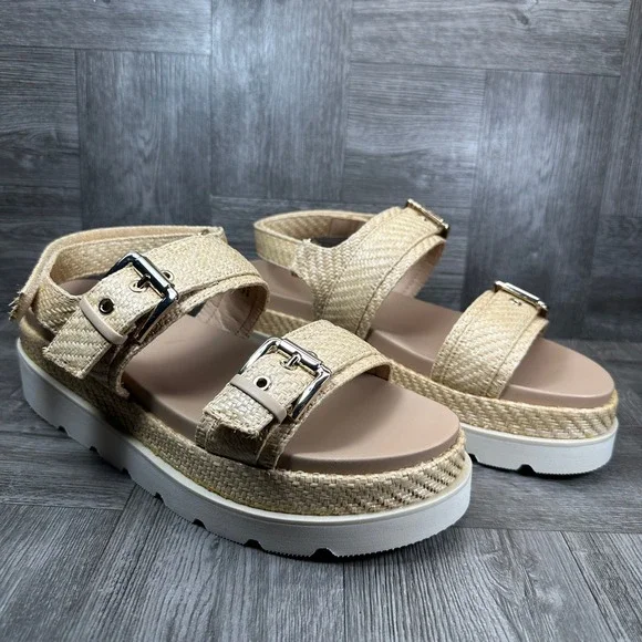Madden Girl Sandals Womens 9.5 Natural Raffia Platform Buckle Flatform NEW - Picture 5 of 8